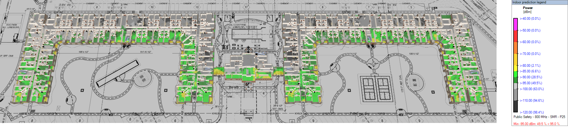 Floor plan heat map of predicted first-floor signal strength from the donor path